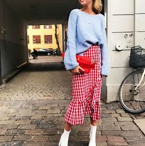 Red gingham frilled midi skirt